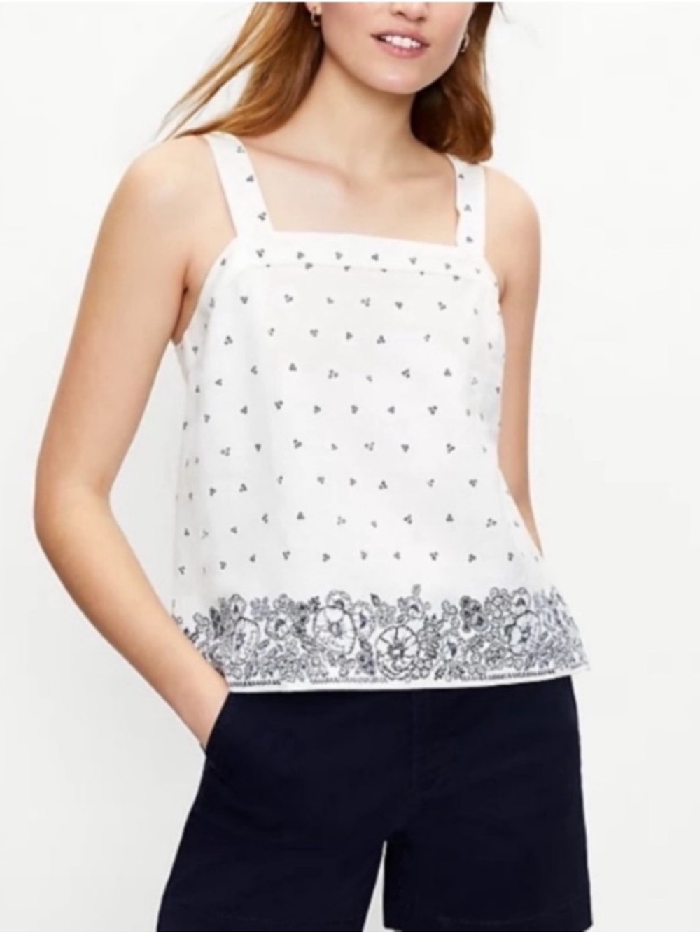 LOFT Linen Blend Poppy Garden White and Blue Square-Neck Printed Camisole XL